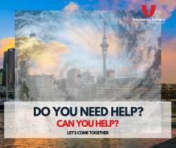 Photo of Auckland towards Sky Tower, covered by image of cyclone. Message reads Do you need help? Can you help? Lets come together
