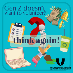 question mark surrounded by icons depicting volunteering with text saying gen z doesn't want to volunteer, think again