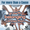 A group of young people in a circle viewed from above with text of growth belonging and connection