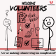 Two stick figures looking confused beside a door covered in icons of forms, tick boxes, policies, approval stamp etc with text saying welcome volunteers and are we making volunteering too complicated