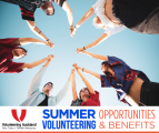 Six people standing with their arms in the air touching hands. view from underneath. sign saying summer volunteering, opportunities and benefits