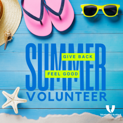 image of sunhat sungalsses and jandals on blue background with text of summer volunteer