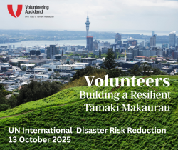 Photo of Auckland with text Volunteers building a resilient Tāmaki makaurau